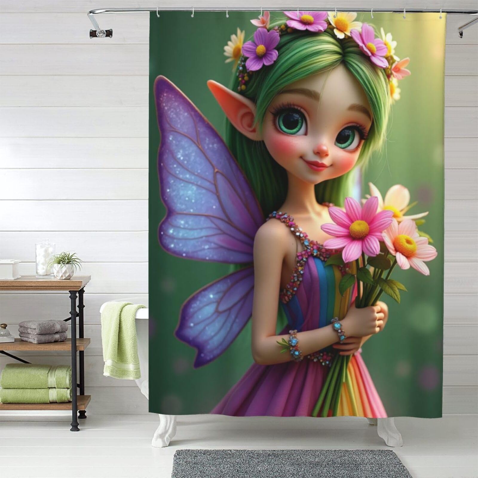 Rideau de douche fleurs et papillons 152x183 cm en tissu lavable