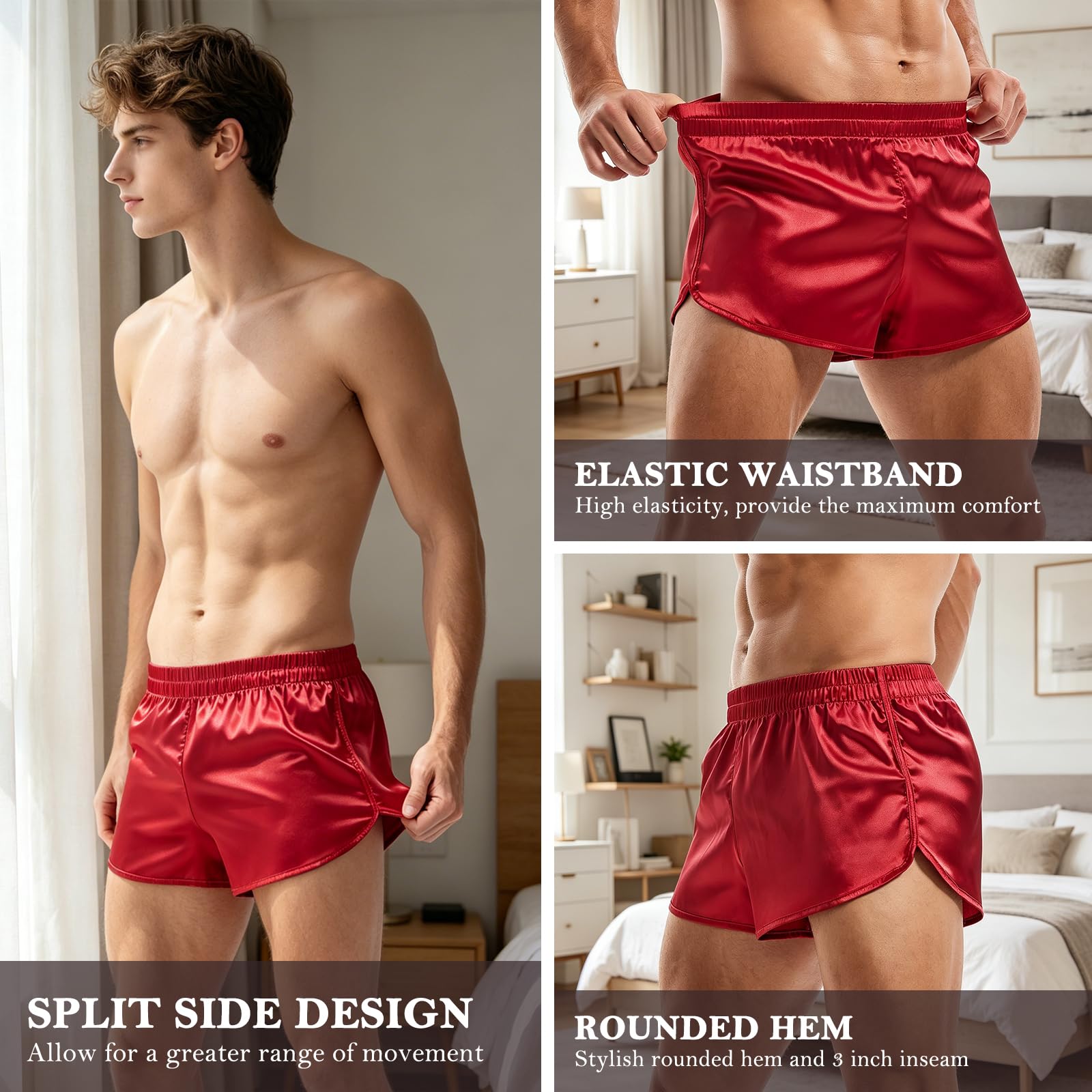 Amy Coulee Boxer da uomo in raso setoso, biancheria intima per dormire, con spacco laterale, sexy, con elastico in vita