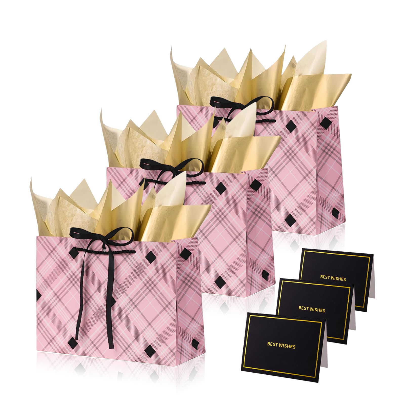 Pink Plaid Gift Bags for Presents,3P Medium Present Bags with 6 Metallic Gold Tissue/3 Card,Personalised Birthday Gift Paper Bag with Ribbon,28*20*10 Wrapping Bag for Christmas Wedding Gift Party Bag — image 1
