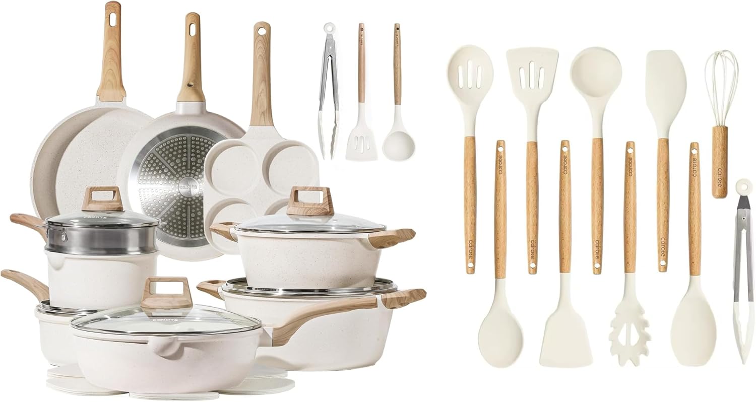 CAROTE 31Pcs Cookware Utensil Set, Pots and Pans Set, Silicone Cooking Utensils Set