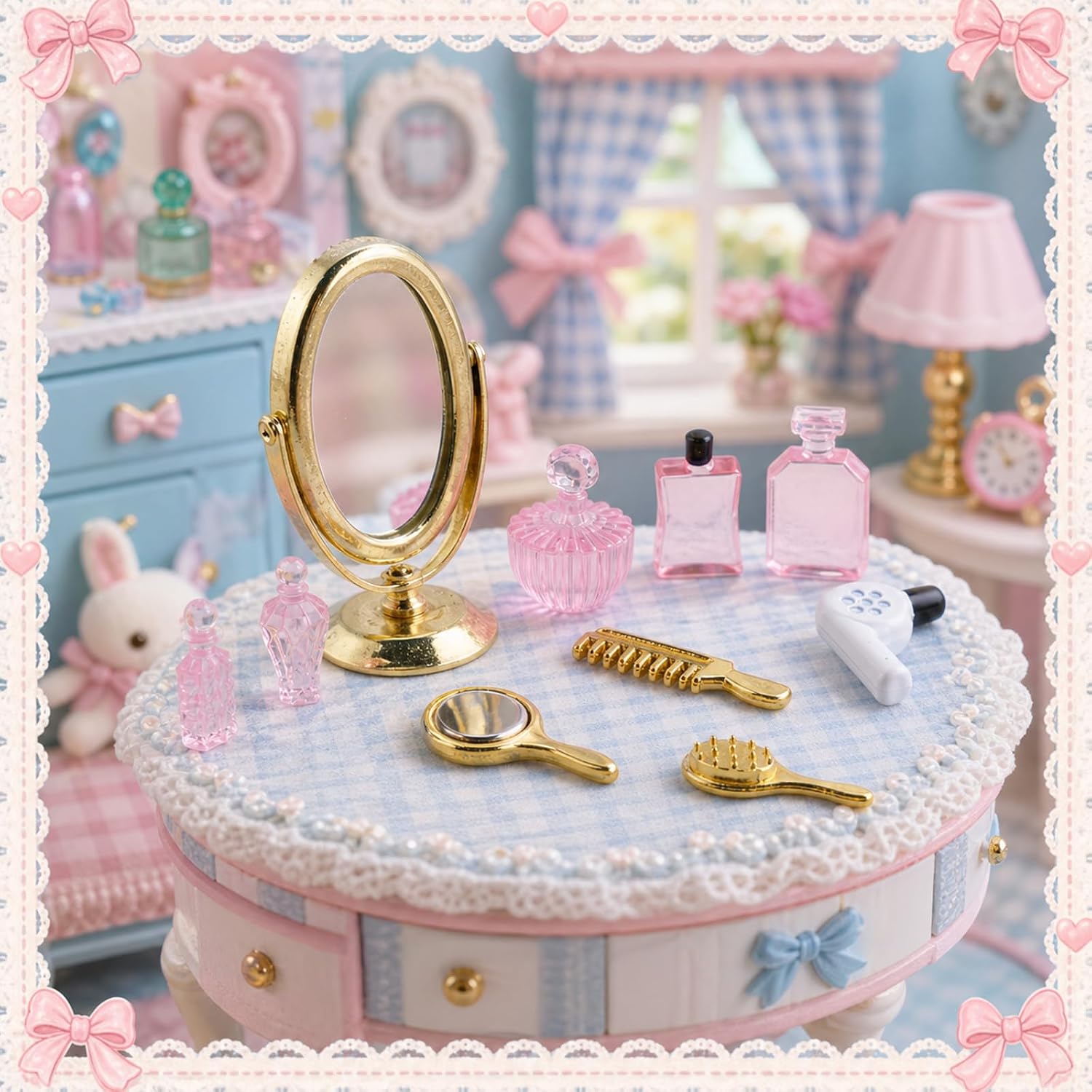 1/12 Scale Miniature Bathroom Accessories Kit Mini Plastic Hair Dryer Brush Comb Mirror Perfume Bottles Set for Mini House Bedroom Decoration,Set A | Mini Plastic Hair Dryer Brush Comb Mirror Perfume Bottles Set for Mini Bathroom Bedroom Decoration