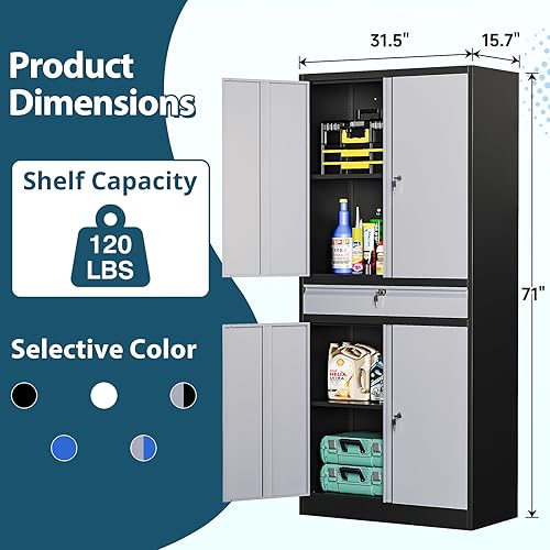 Miniatura 10 de MIIIKO Armario de almacenamiento de metal con puertas de bloqueo, gabinete de acero azul de 72 pulgadas de alto con 5 estantes ajustables, utilidad