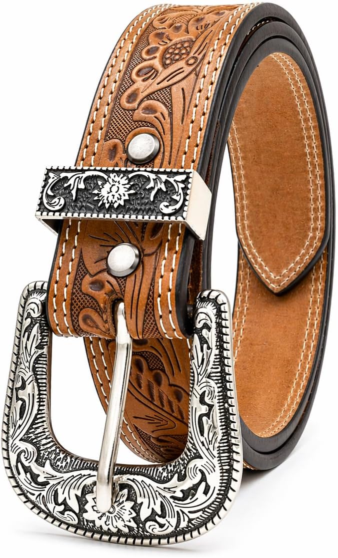 Western Leather Belt for Men with Changeable Buckle Handmade Tooled Cowboy Belt with Big Buckle For Jeans (Tan)