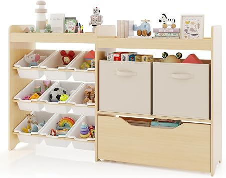 4-Tier Kids Toy Storage Organizer with 9 Bins, Drawer for Nursery Playroom | Childrens Bookcase, Toy Organizer Cabinet w/Bookshelf for Nursery, Playroom, Classroom