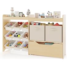 Toy Storage Organizer, 4 Tier Bookshelf w/9 Box Bins and Drawer | Toy Organizer w/2 Open Cubbies & Storage Bins, Movable Drawer,Hidden Wheels for Kids Age 3-12 for Nursery,Playroom, Classroom