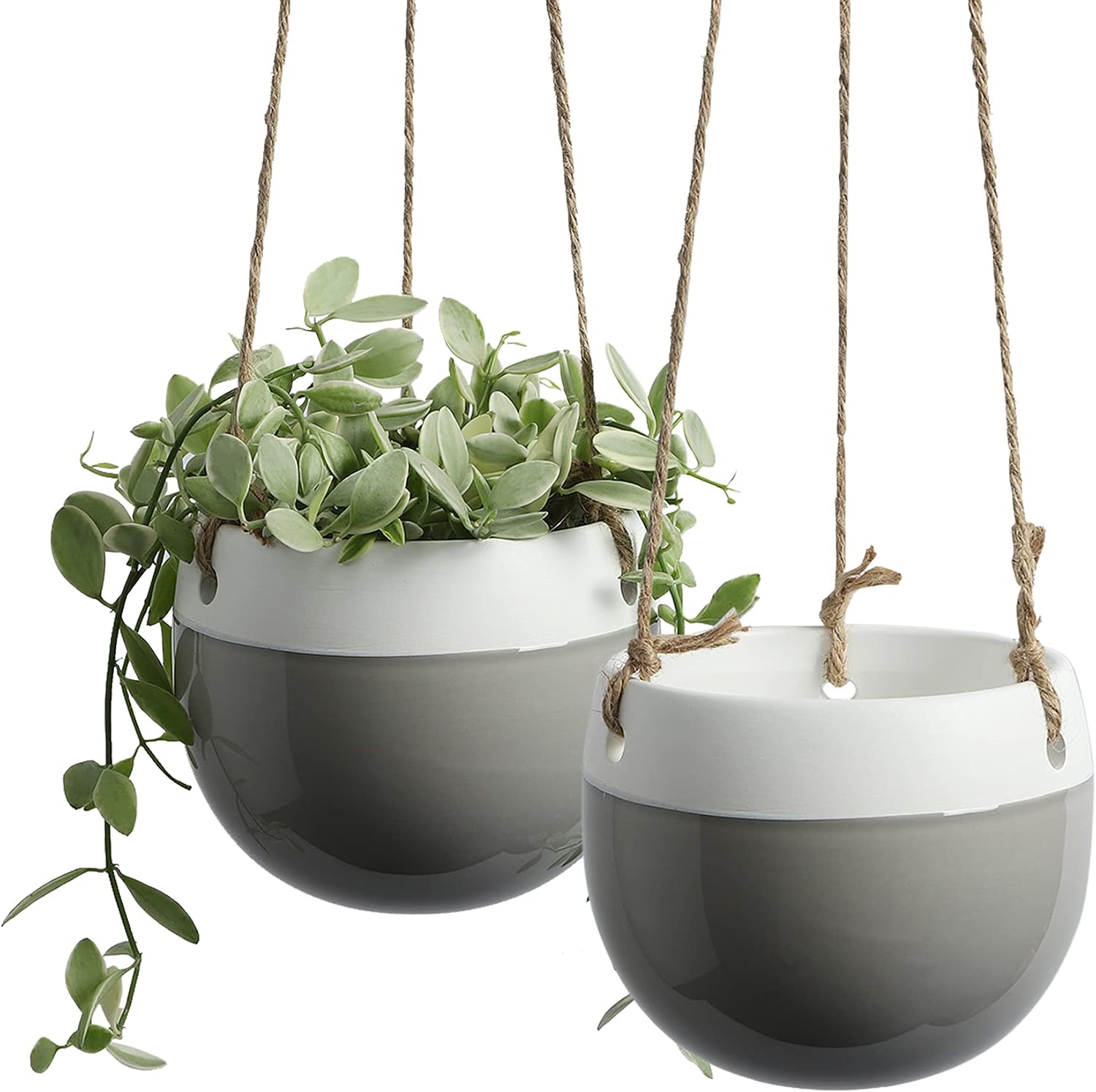 POTEY Ceramic Hanging Planters Plant Pots 0565703 4.7 Inch Indoor Hanging Pots Round Plant Holder Home Decor with Jute Rope for Succulents Herbs Ivy Ferns Crawling Plants Small Plants(Set of 2)