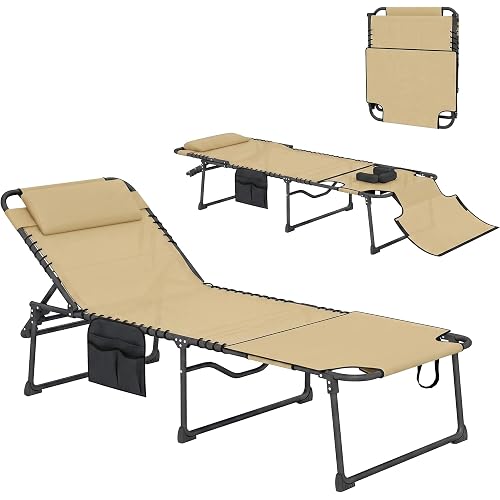 Outsunny Folding Chaise Lounge Outdoor w/Face Hole Beige