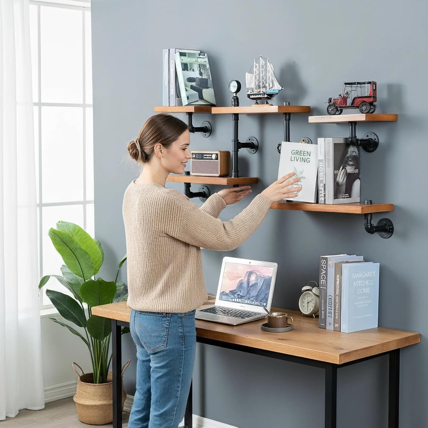 Industrial Rustic Modern Wood Ladder Pipe Wall Mounted Floating Shelves - Set of 3 Bookshelf,DIY Storage Shelving,Hung Bracket,Bookcase (Set of 3 Ladder Shelves) - Image 8