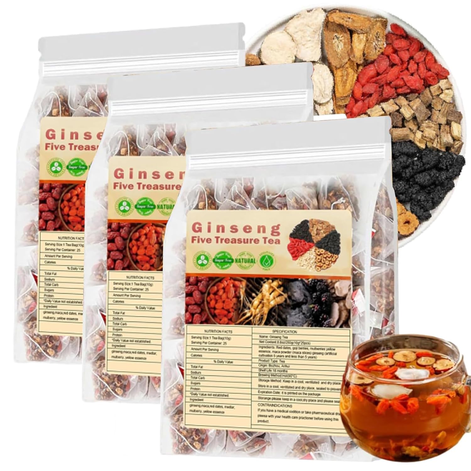 Ginseng Five Treasure Tea - Kidney Tea Wubao Tea, Ginseng Kidney Tea Formula Five Treasure Red Date Natural Chinese Herbal Tea, te de riñon Saludable Organica (2Pack(50Bags))