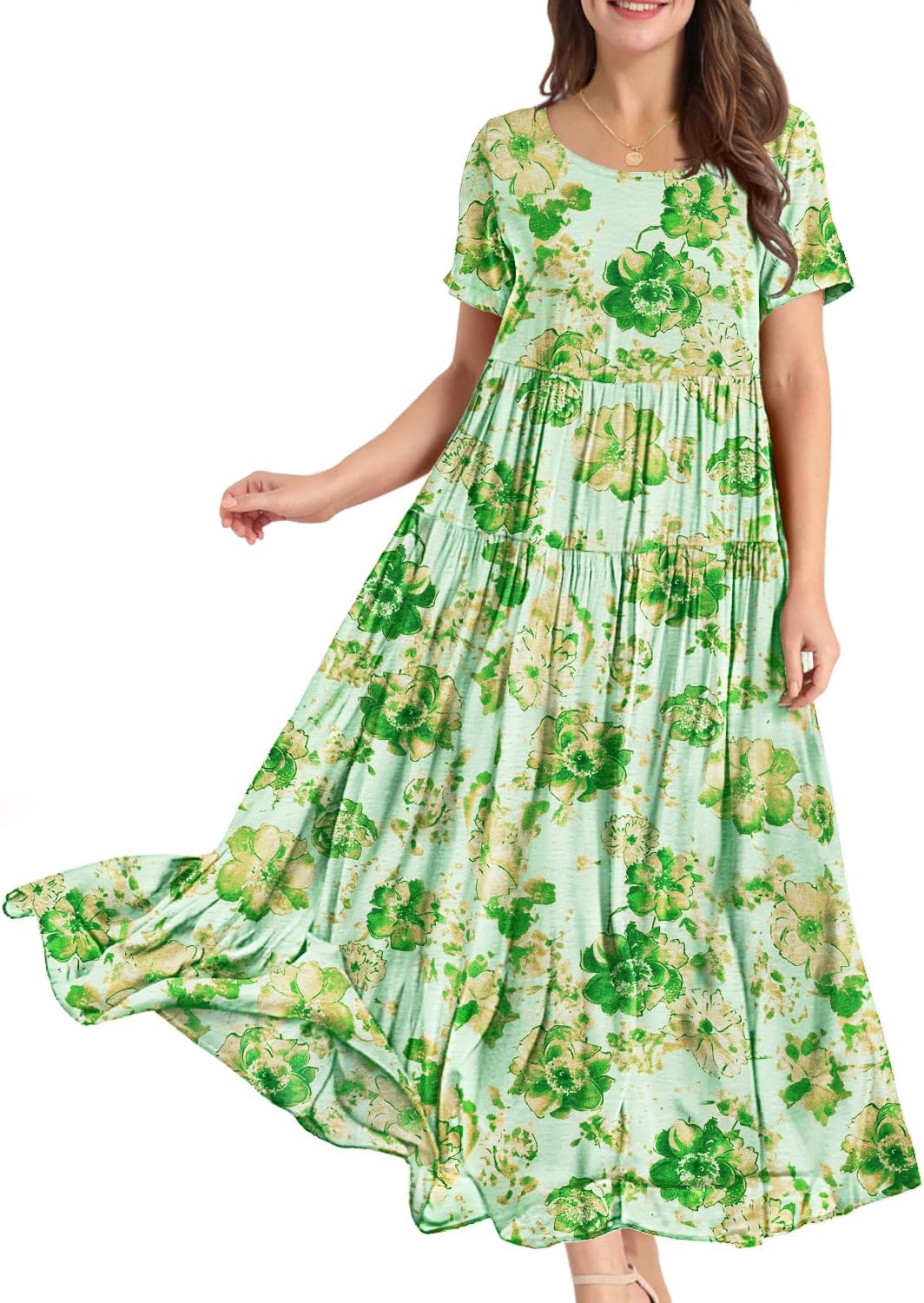 YESNO Women Casual Loose Bohemian Floral Dress with Pockets Short Sleeve Long Maxi Summer Beach Swing Dress EJF