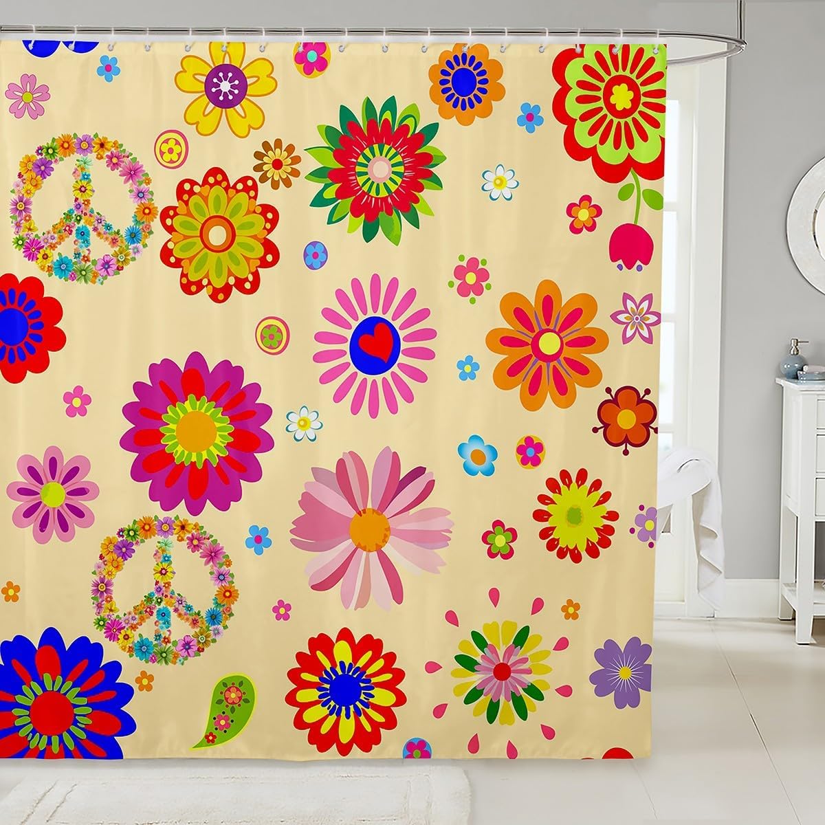 Kids Colorful Flowers Cute Bath Curtain 72"Wx84"L Hippie Peace Symbol Shower Curtain For Girls Kawaii Groovy Floral Power Bathroom Curtain Cartoon Garden Botanical Ladybug Bathroom Decor 12 Hooks