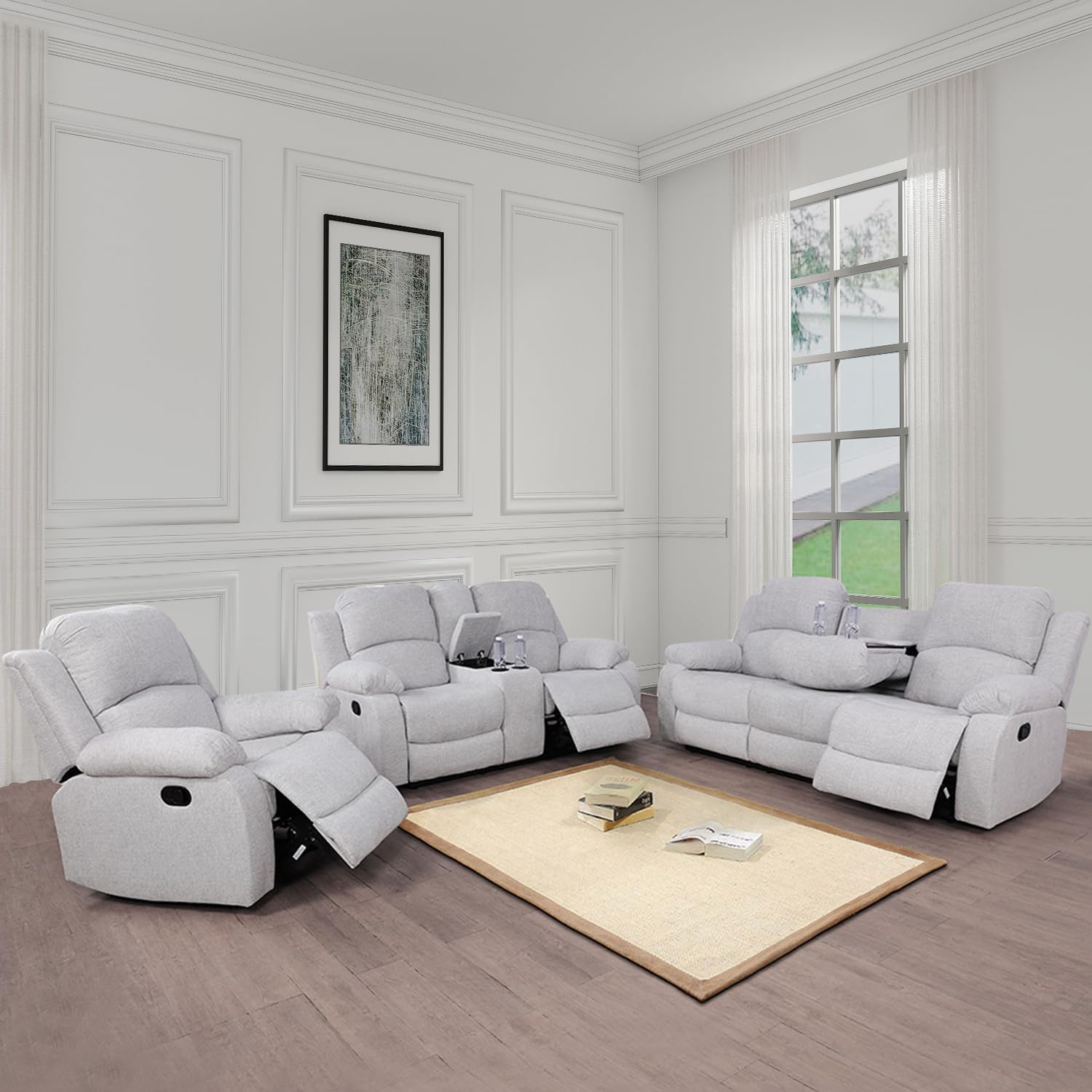 Manual Recliner Sofa Set, 3 Pieces Reclining Sofa Loveseat with Chair, Grey White Microfiber Recliner Couch Set for Living Room