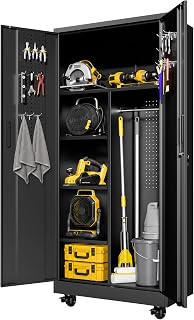 Metal Garage Storage Cabinet on Wheels, Lockable Broom Closet Cabinet | with Pegboard Doors and Hanging Rod, H71" Tall Heavy Duty Mobile Steel Cabinet for Garage Laundry Room Workshop