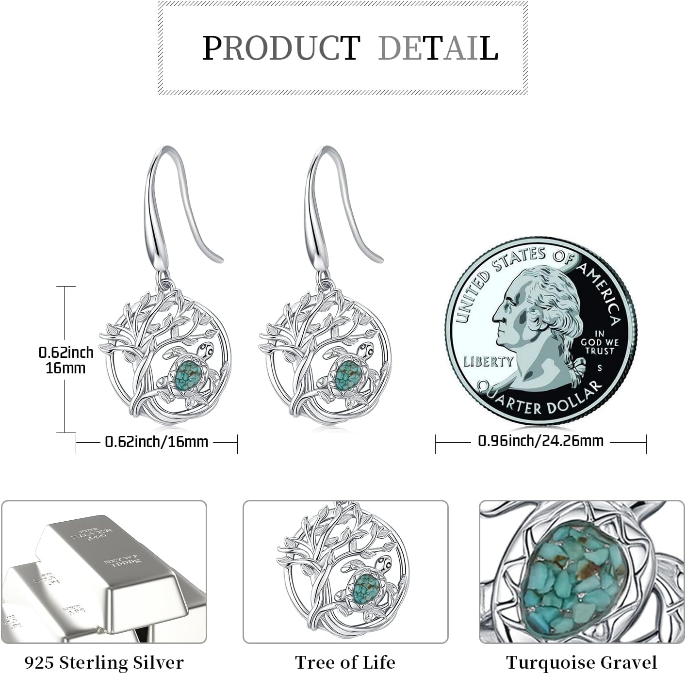 Tree of Life Earrings 925 Sterling Silver Hypoallergenic Turquoise Tree Butterfly Dragonfly Dangle Drop Earrings for Women Tree Jewelry Gifts - Image 3