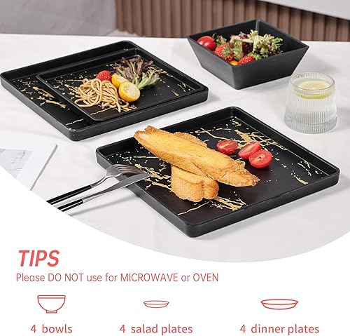 Miniatura 5 de Juego de vajilla de melamina – 12 piezas de platos cuadrados y cuencos para 4, uso en interiores y exteriores, apto para lavavajillas, negro