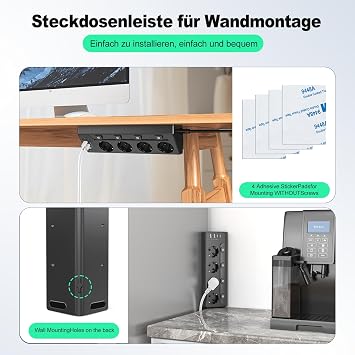 Corner Socket Kitchen 4 Compartments Table Socket with 2 USB C Corner Socket Strip with 2 USB Desk Socket Kitchen Socket Wall Mounting Multiple Socket Switch - 2 m Black
