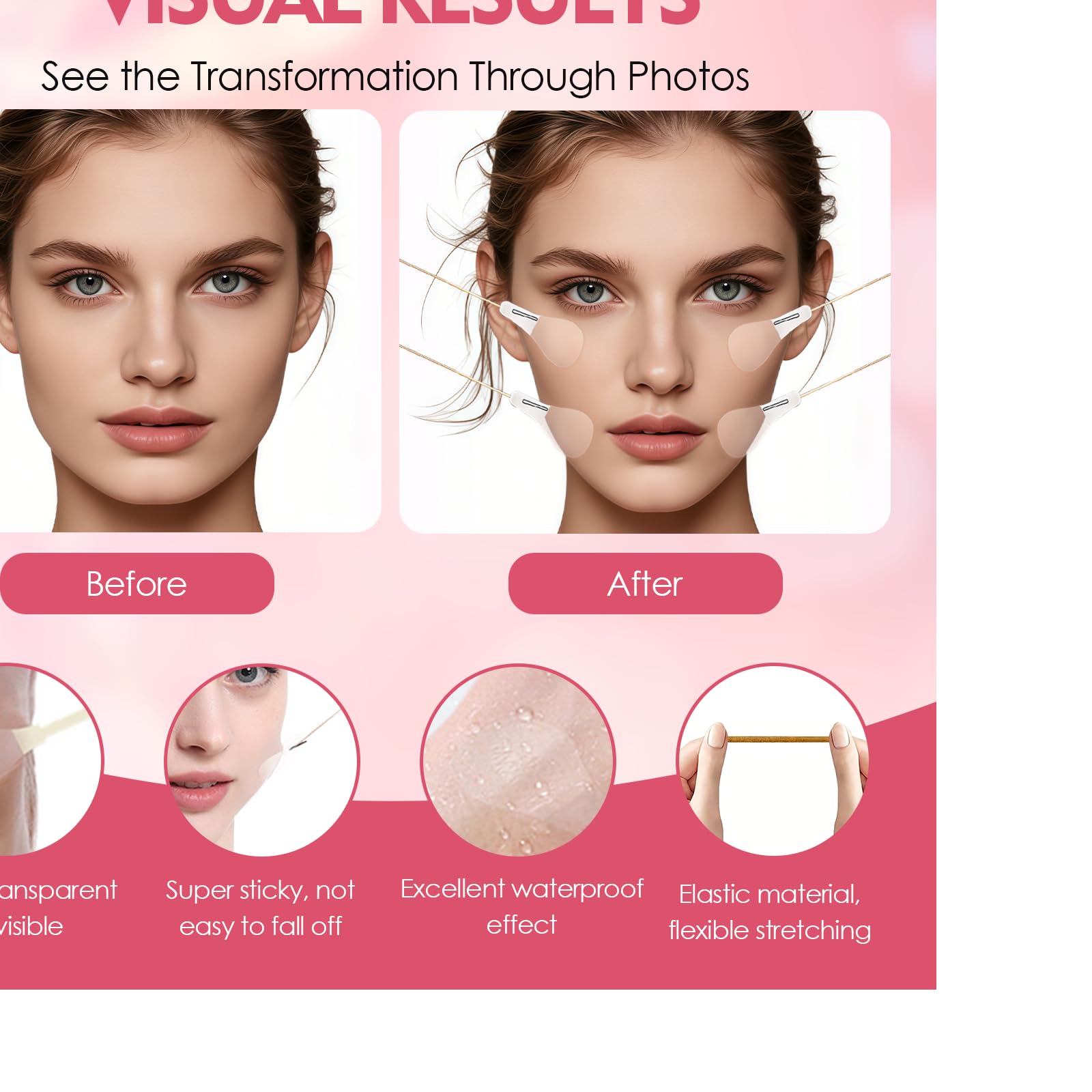 Tape Lifting Viso Set,Face Lifting Tape,Set di Nastri per il Viso contro il Doppio Mento,80 Adesivi Invisibili e 4 Corde di Sollevamento Riutilizzabili per un Contorno a V Istantaneo,Collo