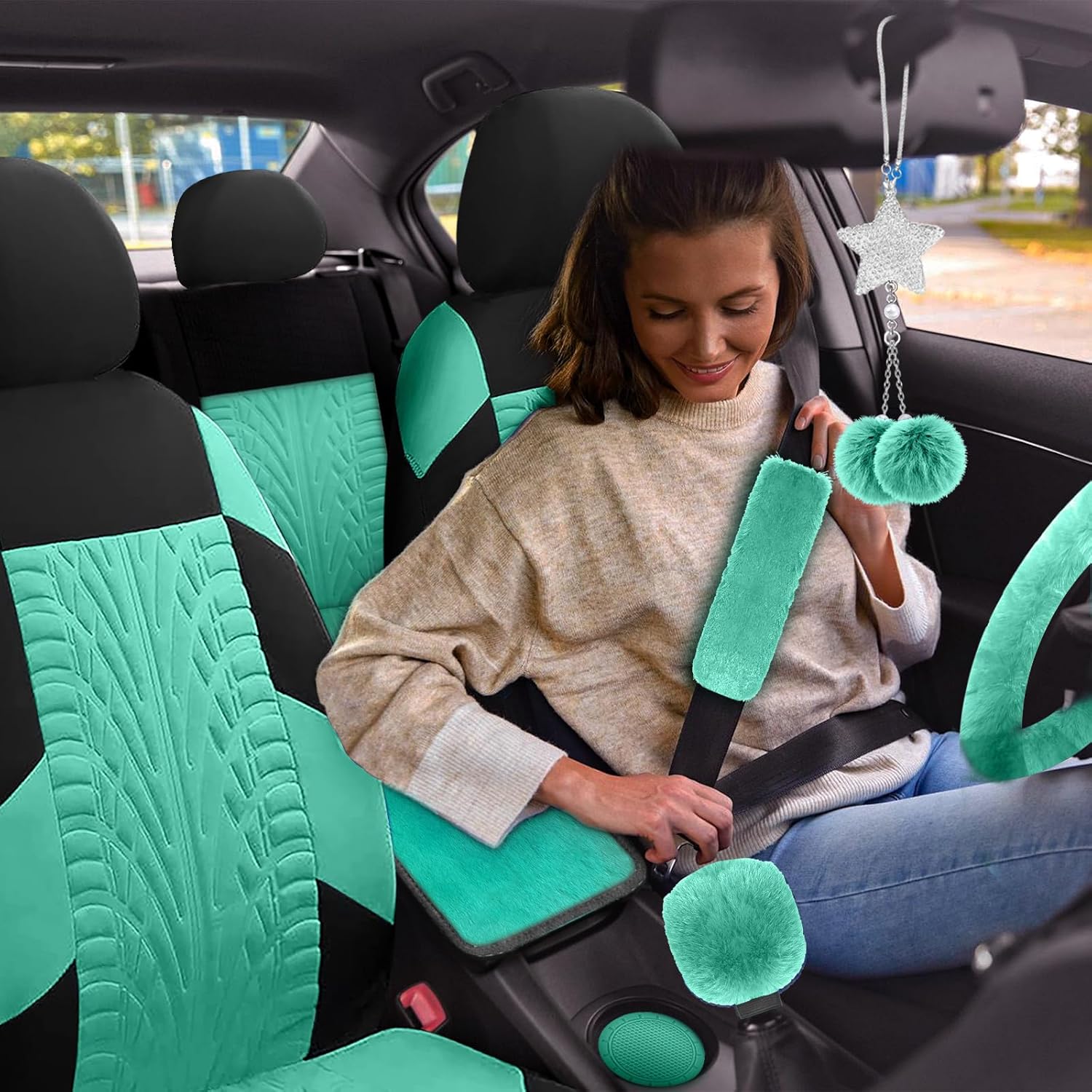 17 Car Seat Cover Full Set for Women,Universal Car Seat Cover,Plush Steering Wheel Cover,Fluffy Soft Wool Handbrake Gear,Suspension Accessories Full SUV (Patterned Mint Green)