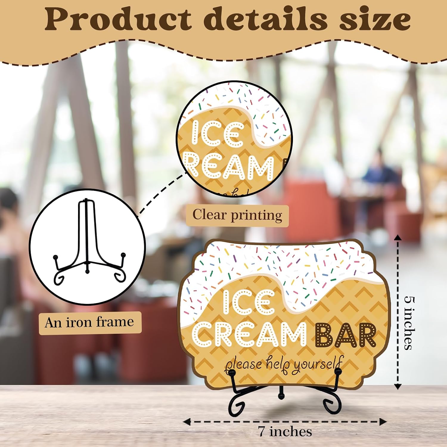 5" x 7" Party Food Self-Service Wooden Sign - Ice Cream Bar - Self-help Wood Sign - With 1 Metal Support & 1 Wooden Sign - Party Decor & Supplies (Yellow) - A02 image 2
