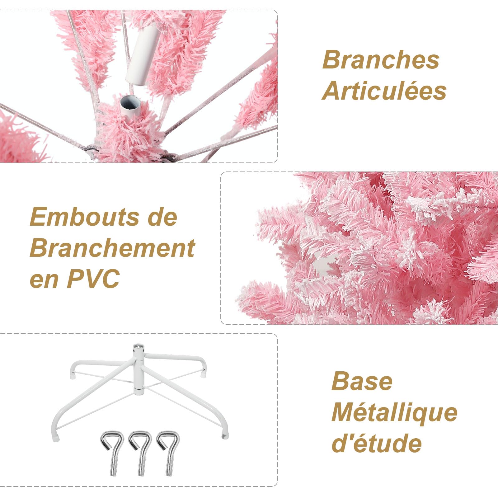Sapin de Noel Artificiel 150 cm Rose avec Décoration Floquée Dodue avec Flocons de Neige, 600 Feuilles de Pin Pointues en PVC et Base Stable, Sapin de Noël pour Décorations de Noël