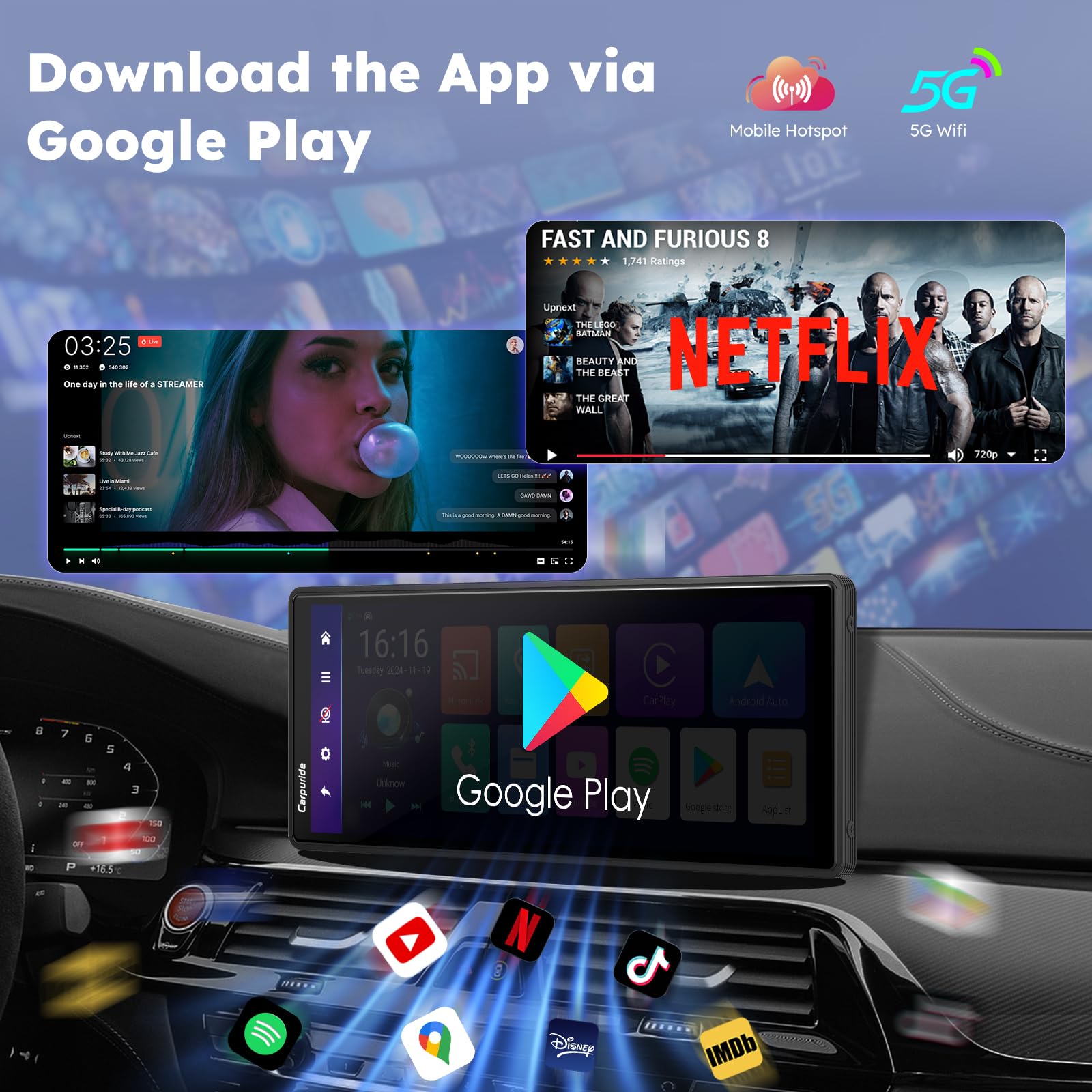 CARPURIDE W903Plus Bezprzewodowy CarPlay i Android Auto 4+64 GB, 9,3-calowy ekran dotykowy HD IPS CarPlay do samochodu, GPS online i offline, Mirror Link, Bluetooth, antena GPS, kamera cofania