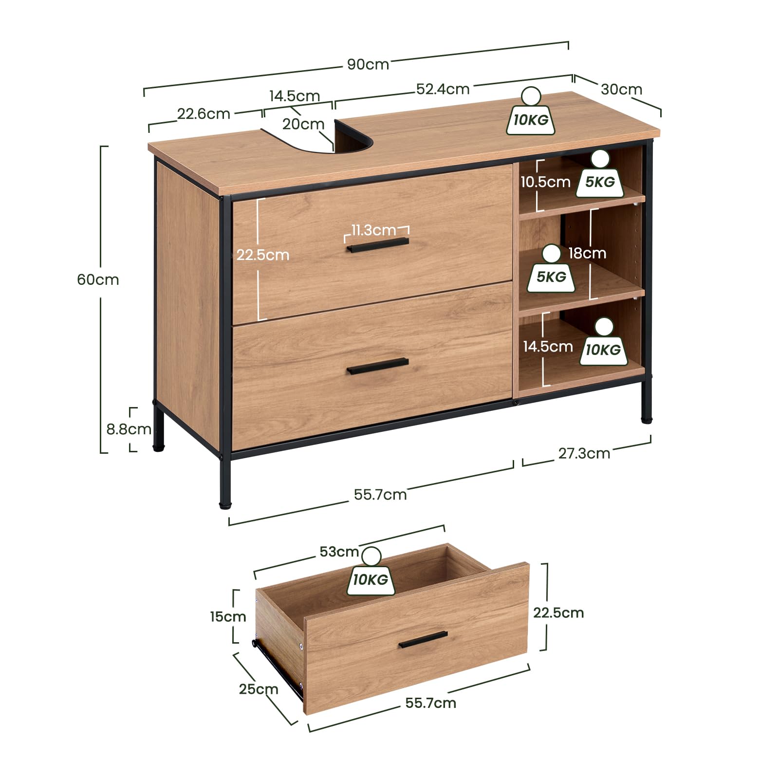 EUGAD Waschbeckenunterschrank, Badezimmerschrank mit Schubladen 3 offenen Fächern, Unterschrank mit verstellbaren Ablagen, freistehender Waschtischunterschrank, 90x60x30 cm