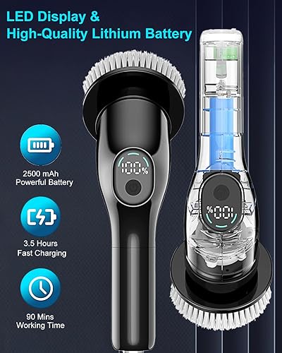 Miniatura 4 de Limpiador eléctrico giratorio, limpiador de ducha con 9 cabezales de fregador, brazo de extensión de 53 pulgadas, limpiador de baño de 1.5 H de