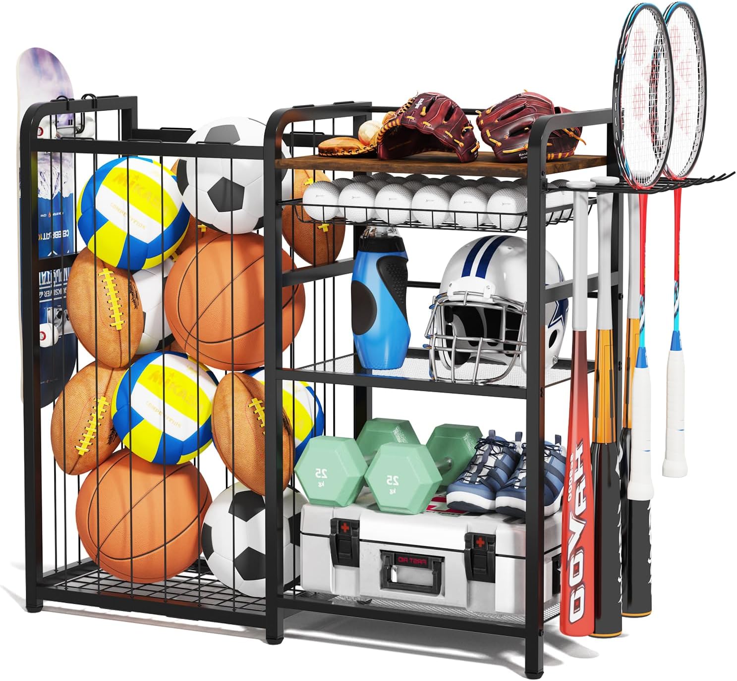 Garage Sports Equipment Organizer, Ball Storage for Gear and Toys, Large Capacity, Sports Organizer for Garage with Hooks and Baskets, for golf, Football, Soccer Ball, Bat