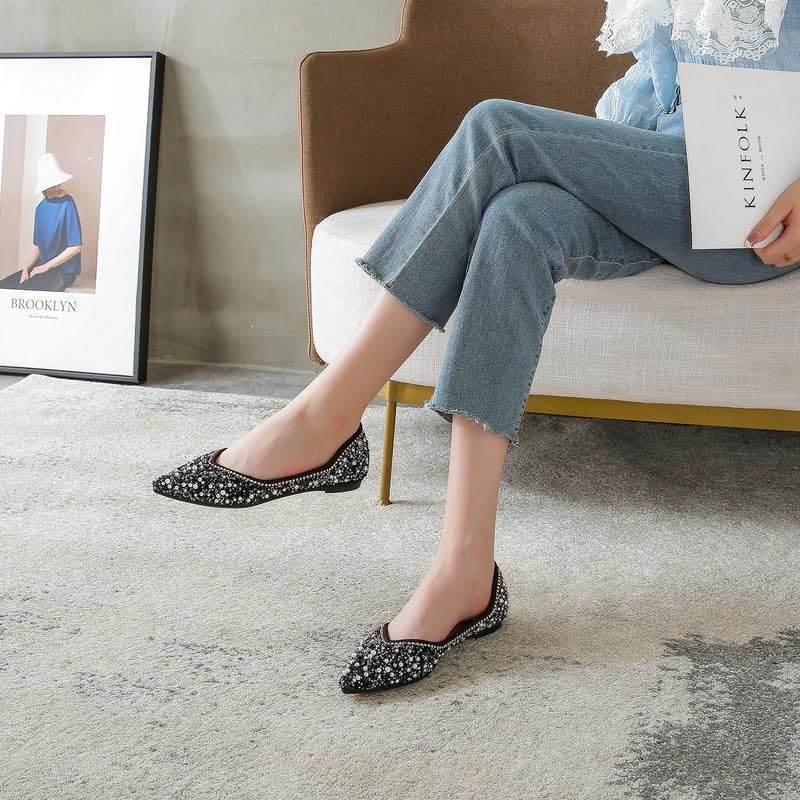 Women‘s Rhinestone Flats Sparkle Pointed Dress Shoes Memory Foam Wedding Work Comfortable Ballet Flats for Prom Evening Business - Image 2