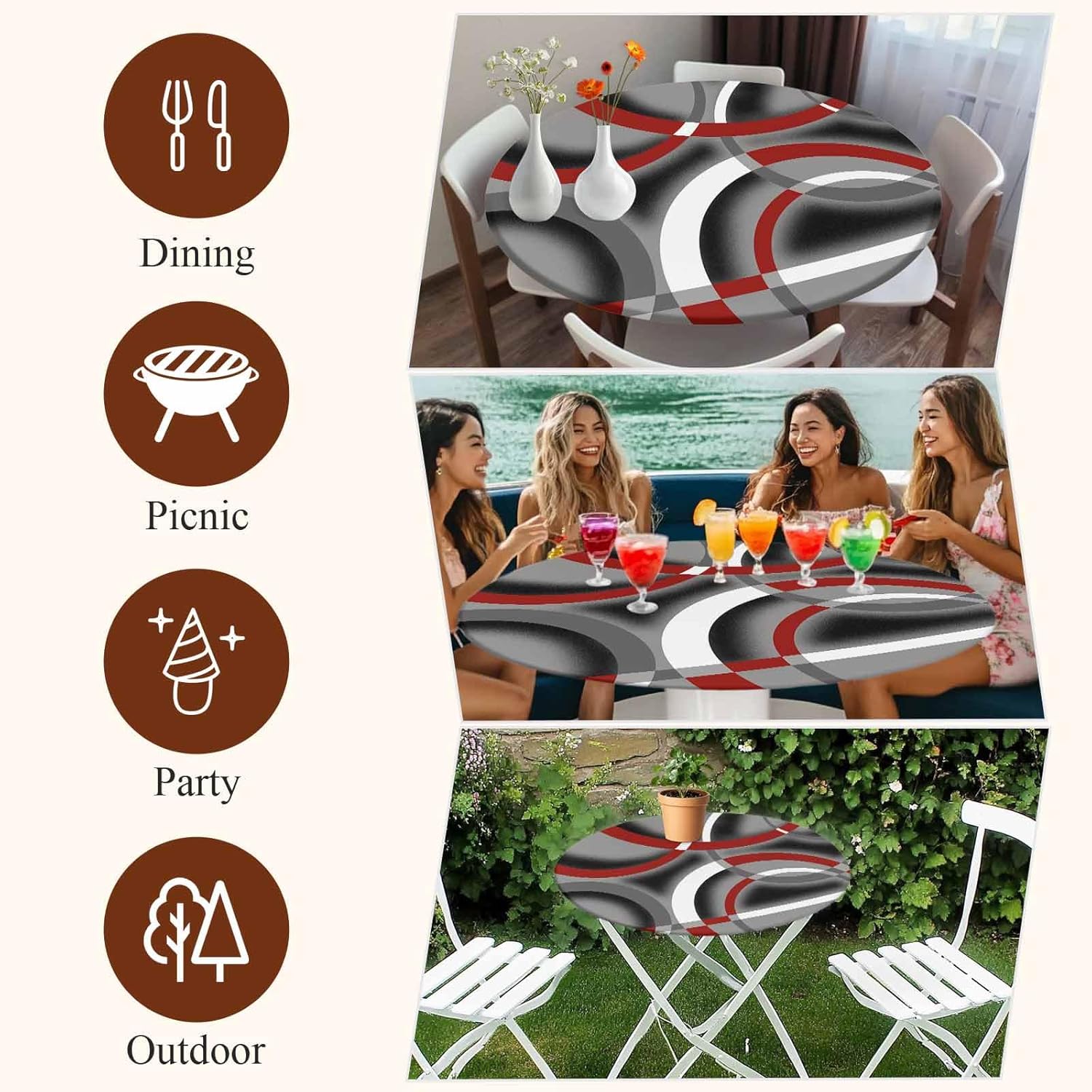 Grey Geometric Vinyl Outdoor Round Fitted Tablecloth with Elastic Edge-Waterproof, Modern Abstract Black White Red Striped Table Cover Protector for Indoor Outdoor Patio Dinning Picnic Party 55"-60"