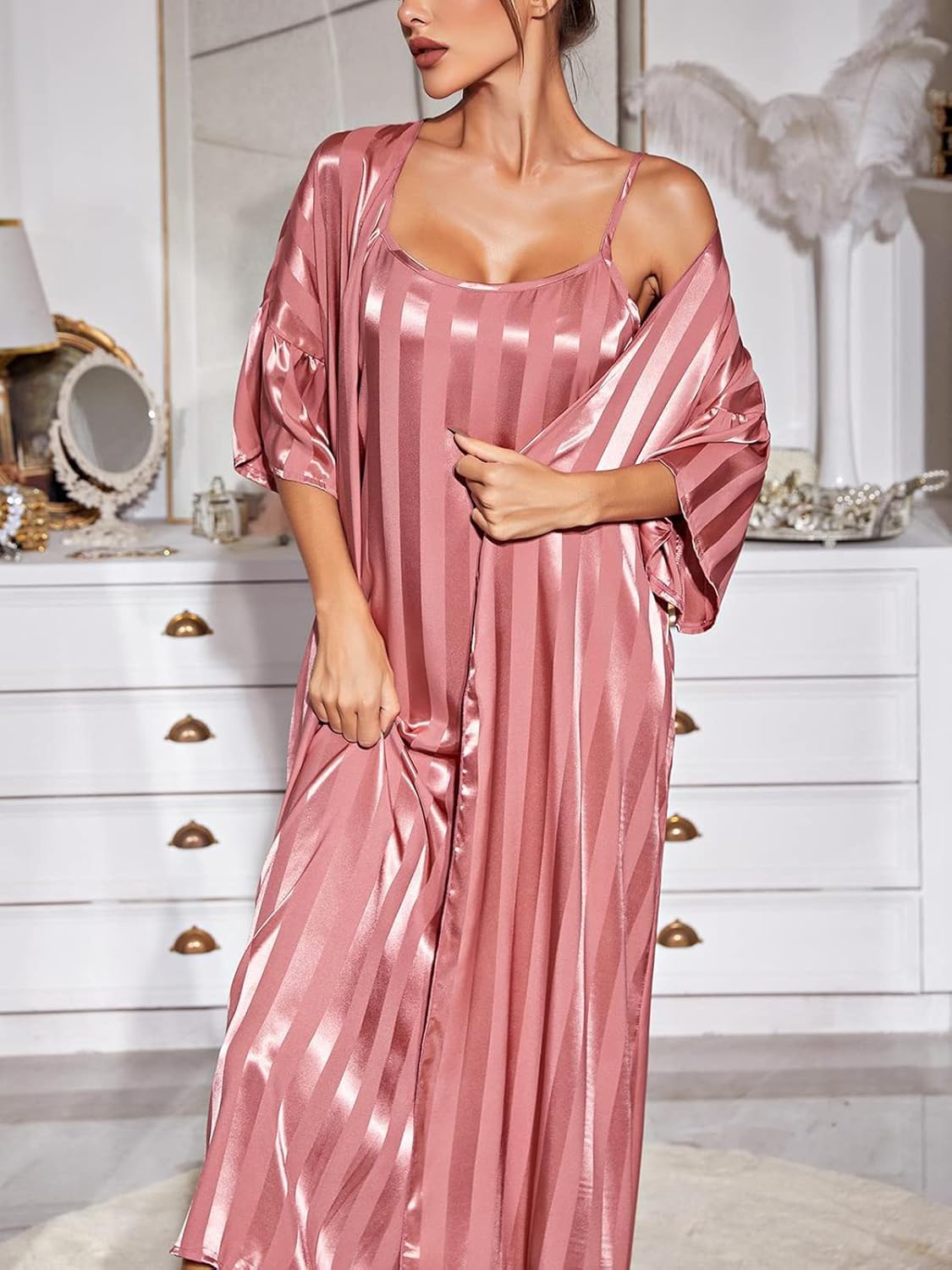 ASHER FASHION Women's 2 Piece Sexy Satin Lingerie Nightgown and Robe Set Ladies Silk Slip Sleepwear Chemise Nightdress