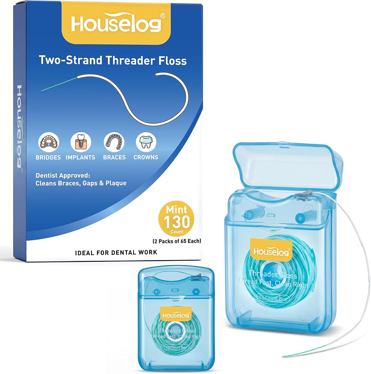 2-in-1 Floss Threaders for Braces, Bridges & Implants - Simpler Dual-Strand Design with Stiff End & Waxed Floss - No-Tangle On-A-Roll Dental Floss for Daily Oral Care (Fresh Mint 130 Count)