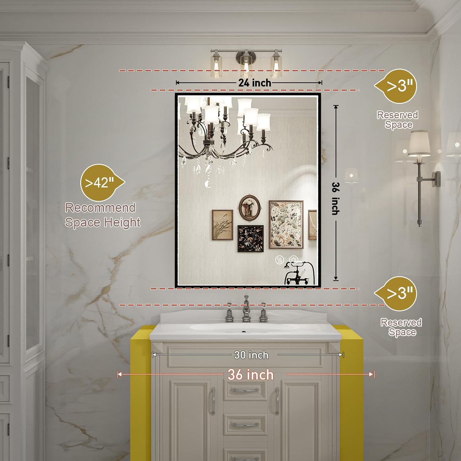 24X36 Inch LED Bathroom Mirror,Black Metal Framed Lighted Mirror,Wall Mouted LED Vanity Mirror with Lights, Stepless Dimmable, Anti-Fog, Memory(Horizontal/Vertical)