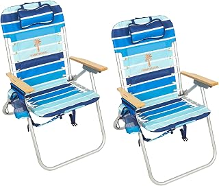 Tommy Bahama 2-Pack Hi-Boy 17" Beach Chairs - 4-Position Recline, Backpack Straps, Lace-Up Suspension
