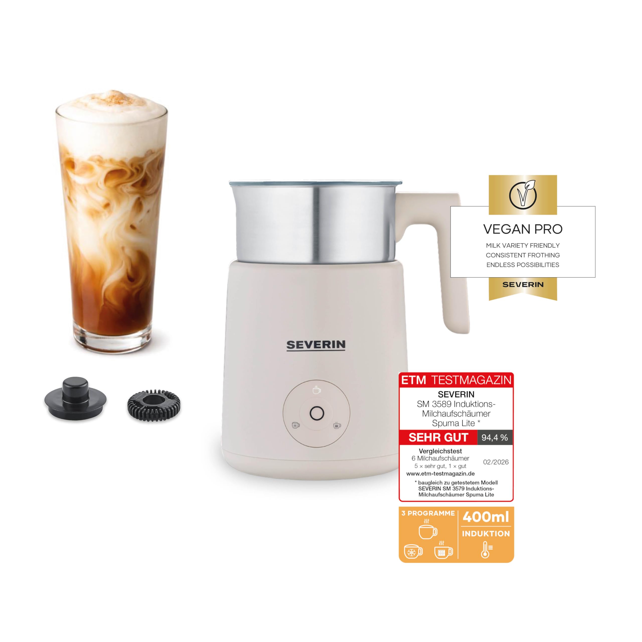 Severin Design Induktions-Milchaufschäumer, elektrischer Milchschäumer mit Edelstahlbehälter, kaltes und warmes Aufschäumen, Schokoladen-Funktion, geeignet für vegane Milch, Aesthetic, beige, SM 3589