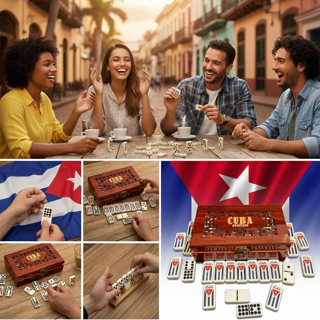PRK 14 Cuban Double 9 Dominoes Set in Premium Wooden Box – Classic White Tiles with Colored Dots Dominoes in Durable Wooden Storage Case – Traditional Cuban Style for Friends