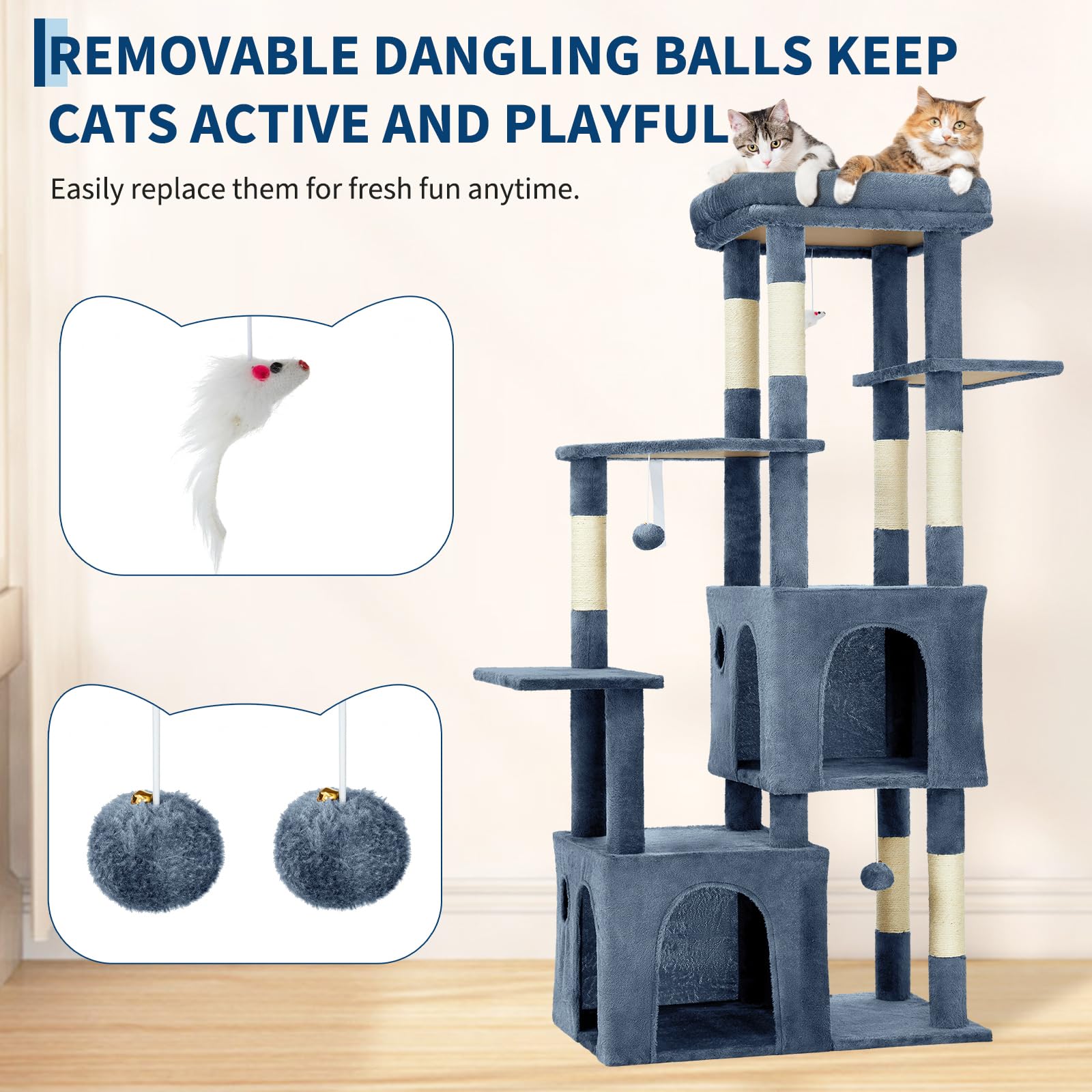 Garvee Árbol para gatos, torre para gatos de interior, muebles de casa de gatos de varios niveles de 156 cm con posadera, poste rascador de sisal, 2 espaciosos condominios y juguetes de juego, centro