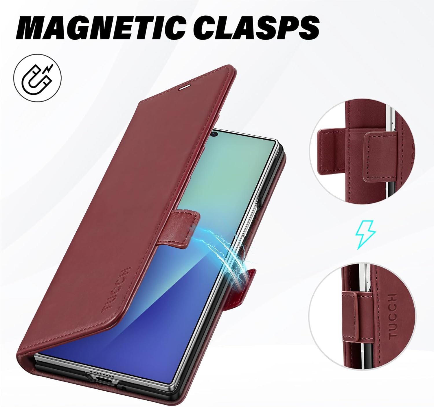 TUCCH Case Wallet for Galaxy Z Fold7 5G, Shockproof PU Leather Magnetic Folio Cover with [RFID Blocking] [Kickstand][4 Card Slots], PC Shell Compatible with Galaxy Z Fold 7 (8.0") 2025, Dark Red