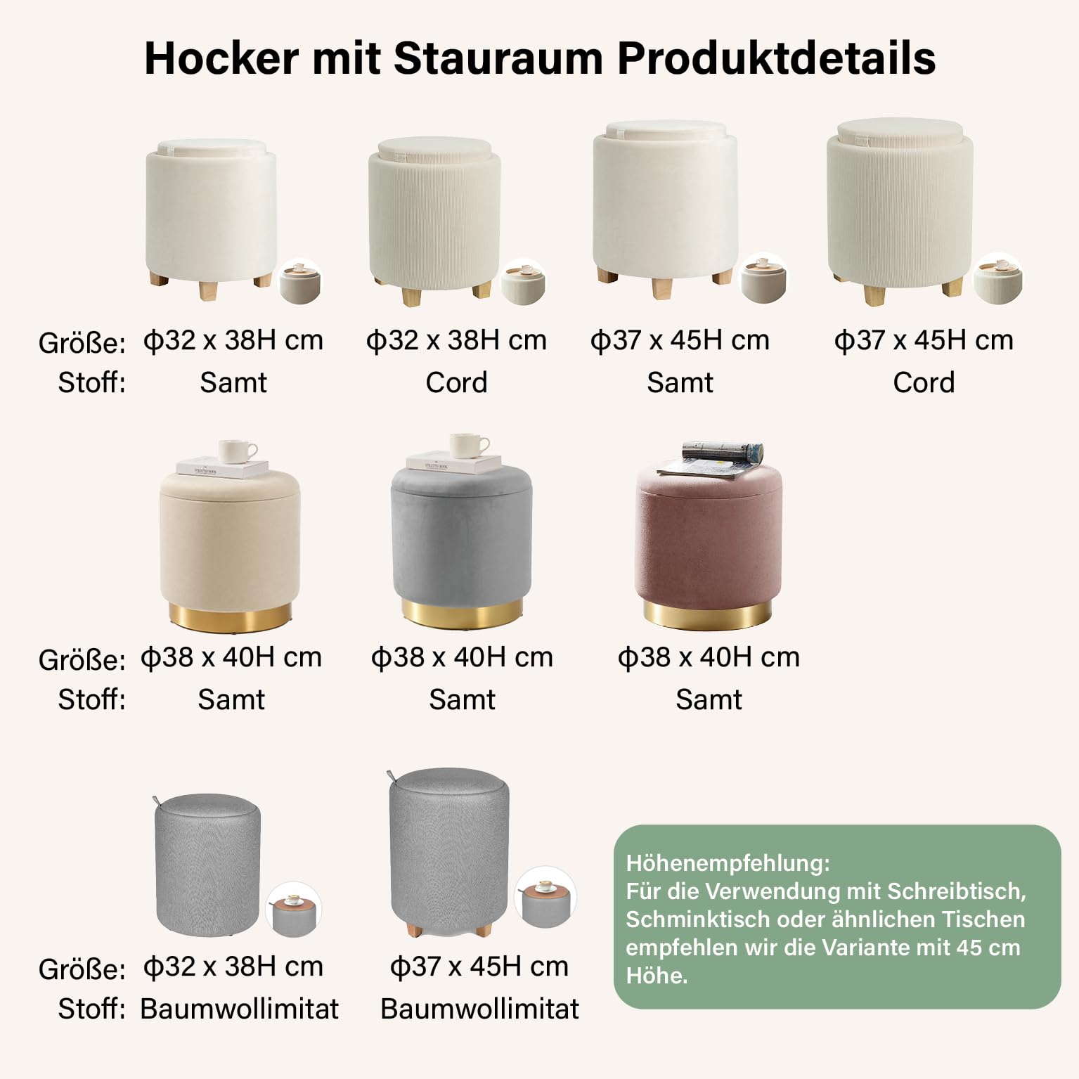 Zedelmaier Zylindrischer Samthocker Sitzhocker mit Stauraum rund, Sitzhocker mit Deckel, Schminkhocker, Fußhocker mit Aufbewahrungsbox, Polsterhocker mit Holzbeinen, Couchtisch, φ36x45cm Beige