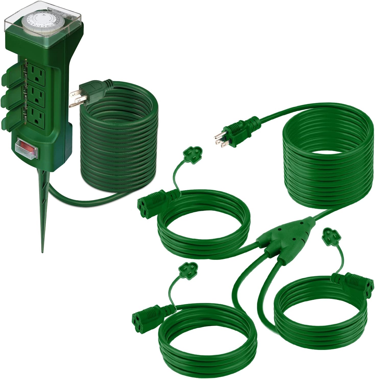 K KASONIC - 40 FT Extension Cord 1 to 3 Splitter + Outdoor Stake Timer for Landscaping Light, Holiday Decoration and Christmas, ETL Listed