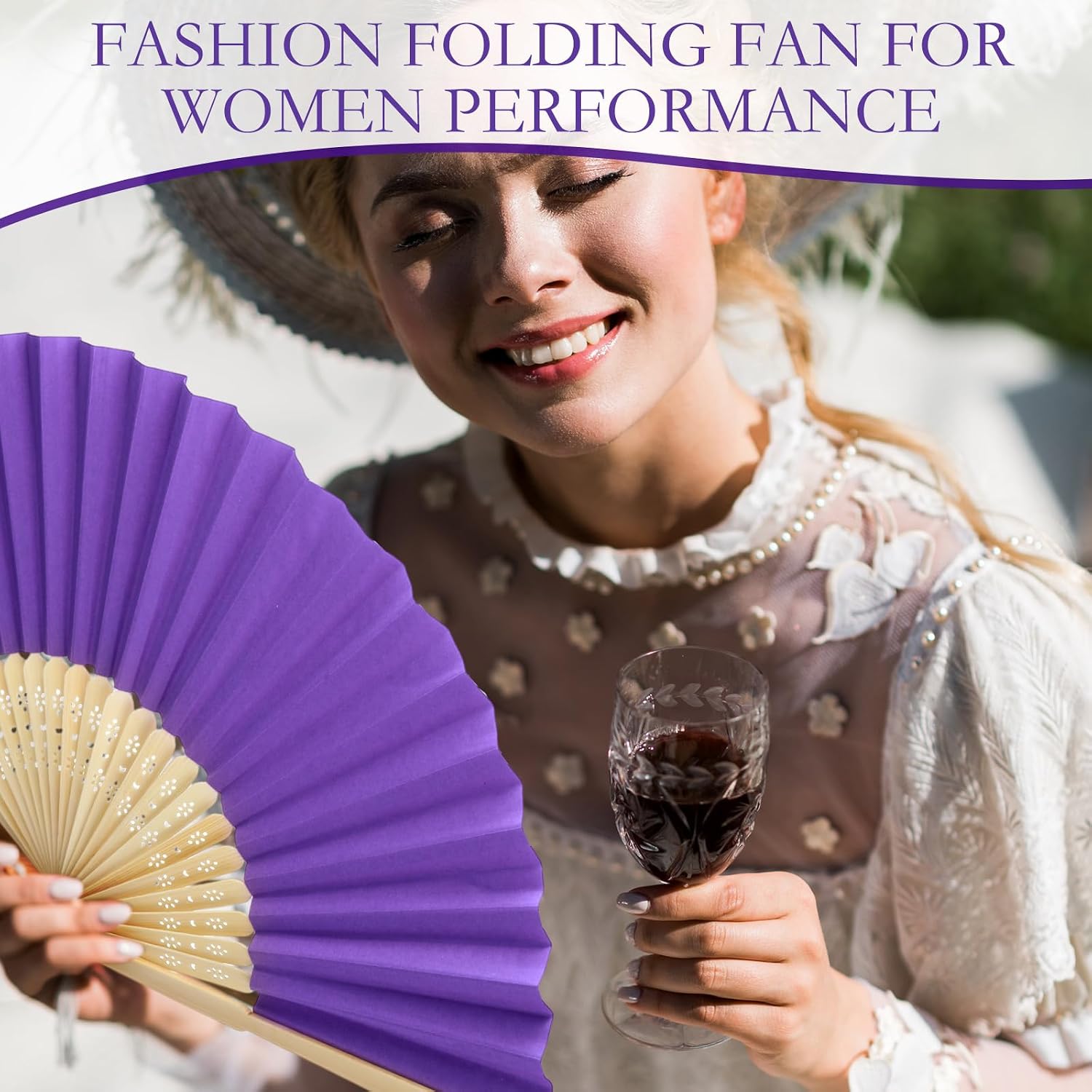 Roowest 50 Pack Handmade Paper Folding Fans with Gift Bags Thank You Card, Bamboo Handheld Folded Fan for Home DIY Office Decor Wedding Party Baby Shower Party Gift Accessories (Purple)