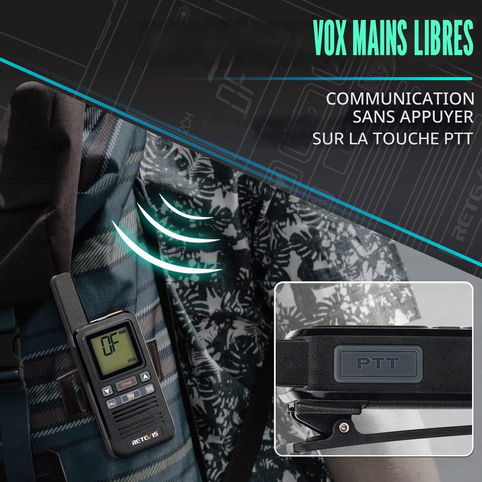 Retevis RB667 Talkie-Walkie Mini PMR446 Rechargeable 1600mAh USB-C, Écran LCD, Appel Groupe VOX Avec Oreillette Pour Randonnée, Camping (2 Pcs, Noir)