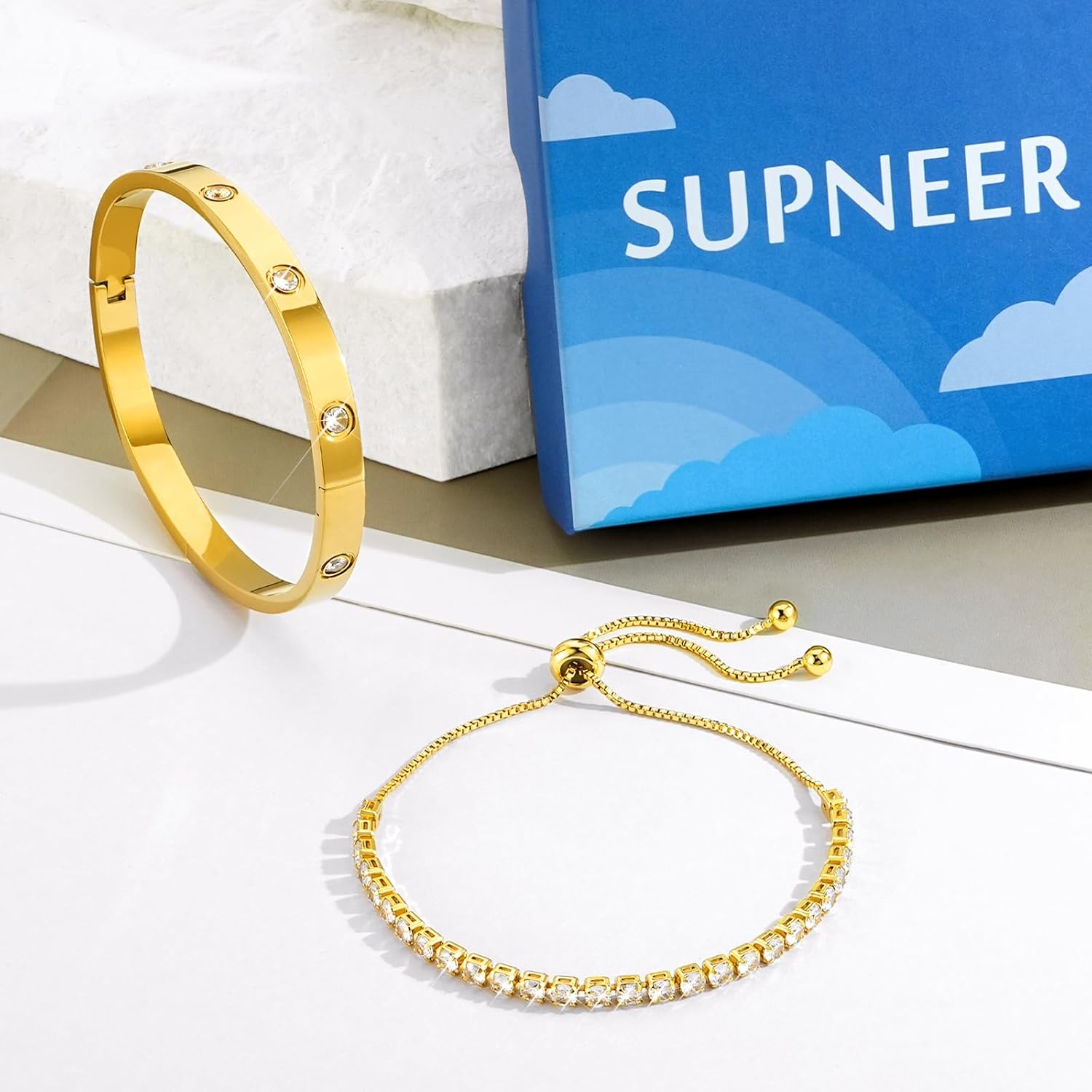 SUPNEER Gold Bracelets For Women 18K Gold Plated Bangle Tennis Bracelets Set,Adjustment Cubic Zirconia Tennis Bracelet Christmas Gifts Dainty Jewelry for Mom Grandma Friends - Image 7