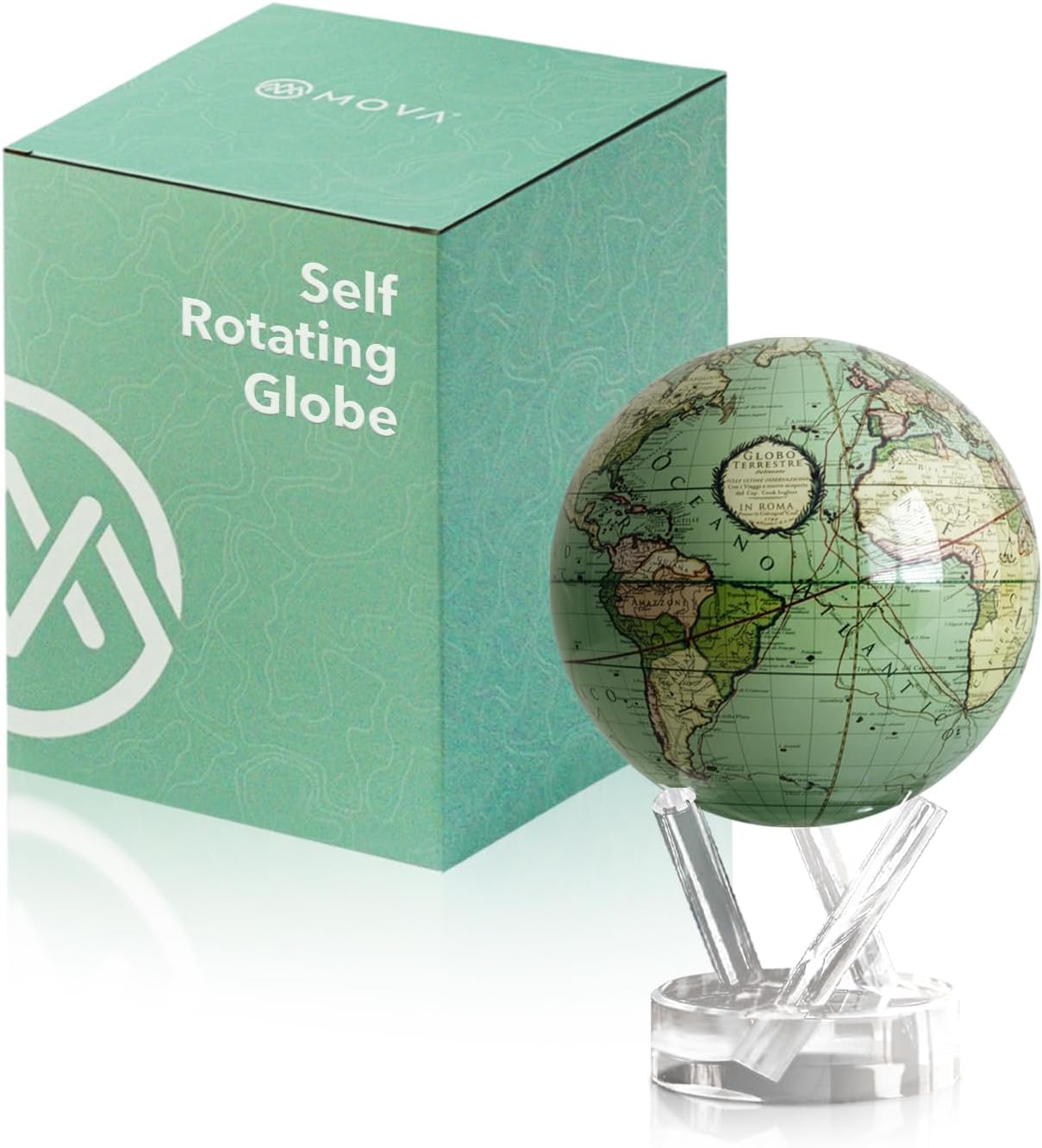 Globe Antique Terrestrial Green 4.5" with Base, Solar Powered Rotating Globe No Need of Battery or Chord, Unique Gift and Decoration