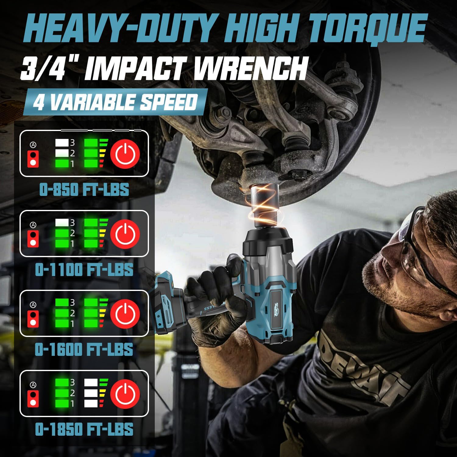 Cordless Impact Wrench 3/4" Compatible with Makita 18V Battery, 1850Ft-lbs(2500N.m) High Torque Impact Gun Heavy Duty, Brushless Electric Power Impact Driver with 4 Speed Modes & LED Work Light