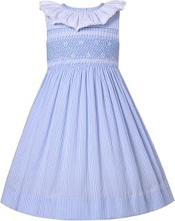Girls Blue Stripe Smocked Dress Size 2 3 4 5 6 7 8 9 10 11 12 Years Kids Toddler Casual Smock Clothes