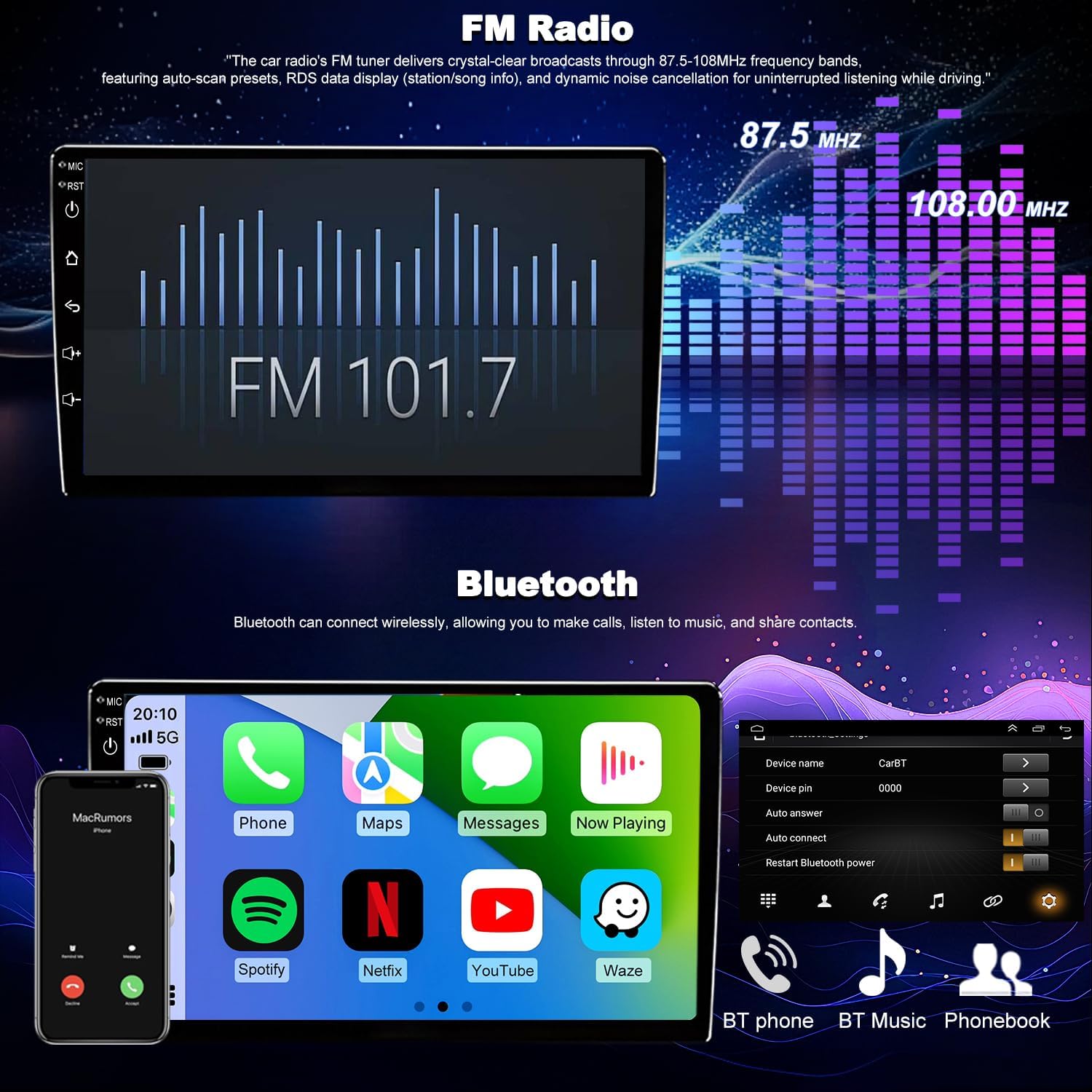 64G 5GWIFI Upgrade Car Radio for Dodge Ram 1500/2500/3500 2009-2012, Jeep Wrangler JK 2007-2017, Compass Patriot 2009-2016, Touch Screen Car Stereo 10inch Apply Carplay Android Auto GPS FM Bluetooth