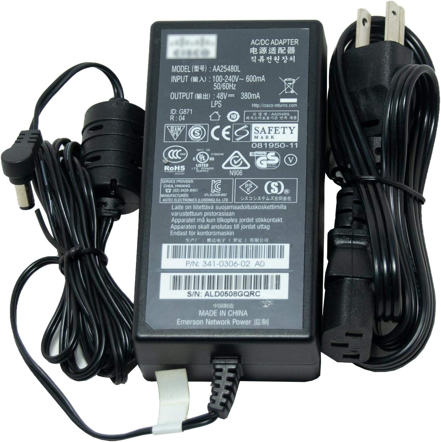 341-0306-01 341-0306-02 AA25480L 48V 0.38A Power Supply AC Adapter for Cisco Aironet Wireless Access Points