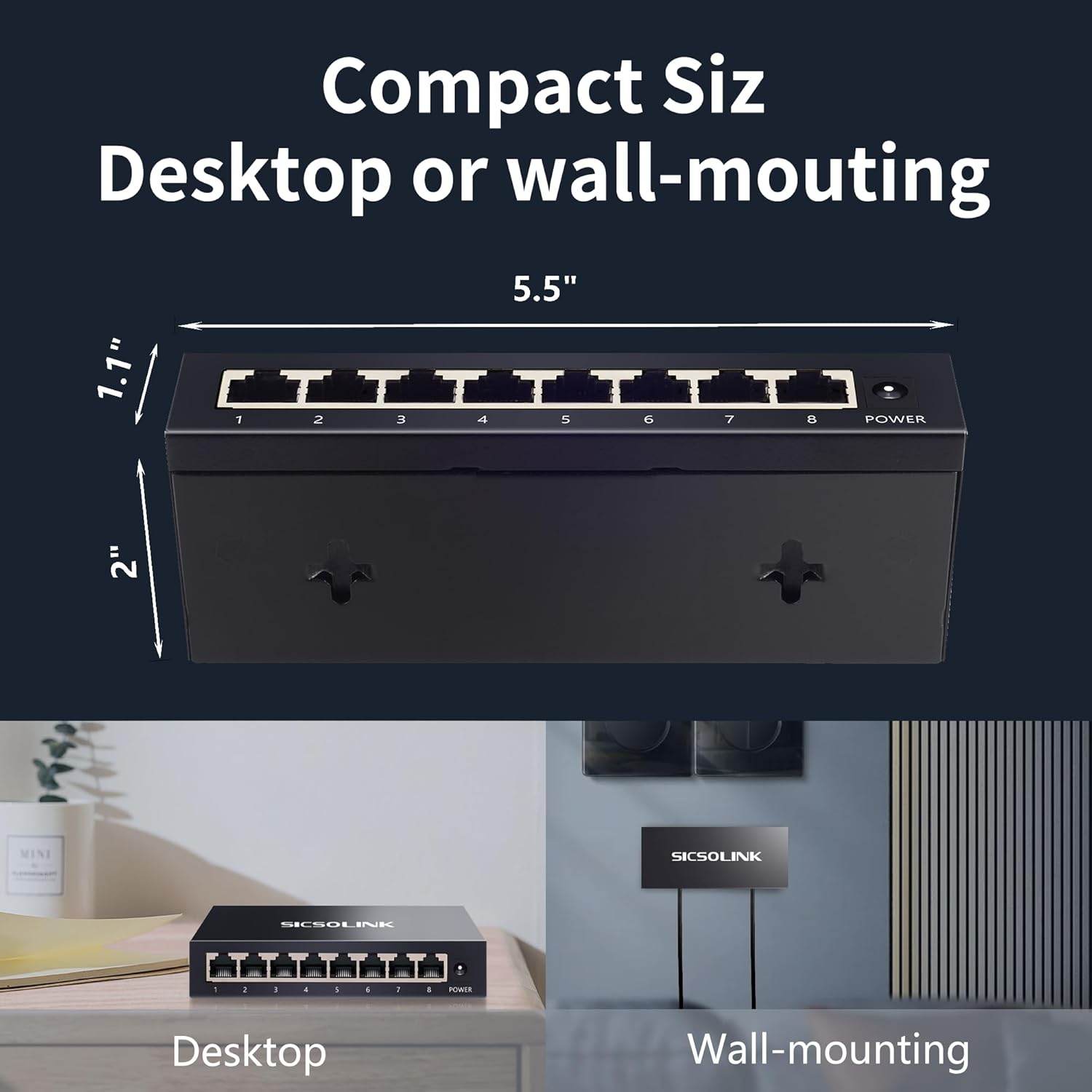 8 Ports Gigabit Unmanaged Ethernet Switch, Network Hub, Ethernet Splitter, Plug & Play, Fanless Metal Design, Traffic Optimization