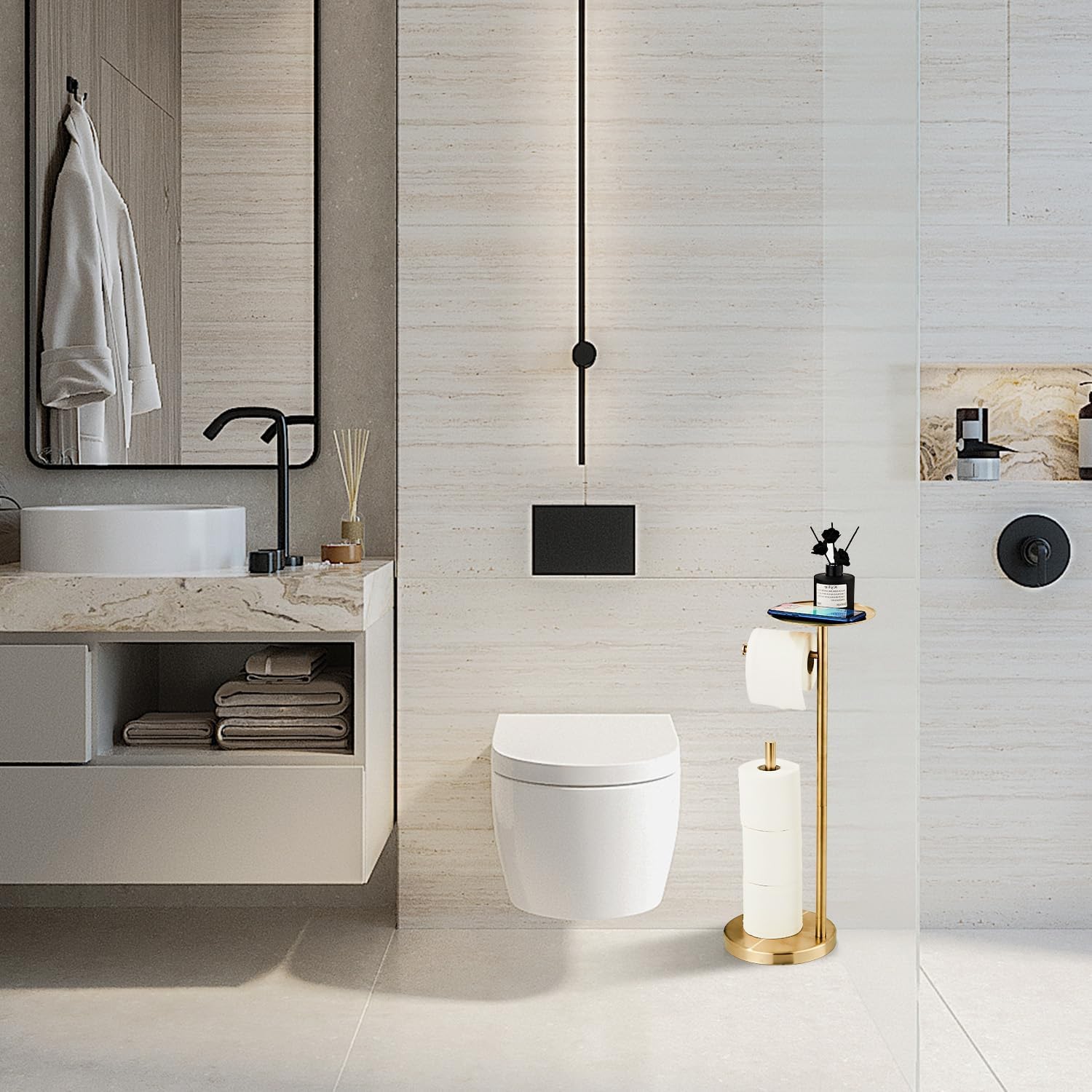Toilet Paper Holder Stand Gold: Free Standing Tissue Roll Holder with Phone Shelf - Toilet Roll Dispenser Storages for 4 Rolls, Durable Stainless Steel for Bathroom